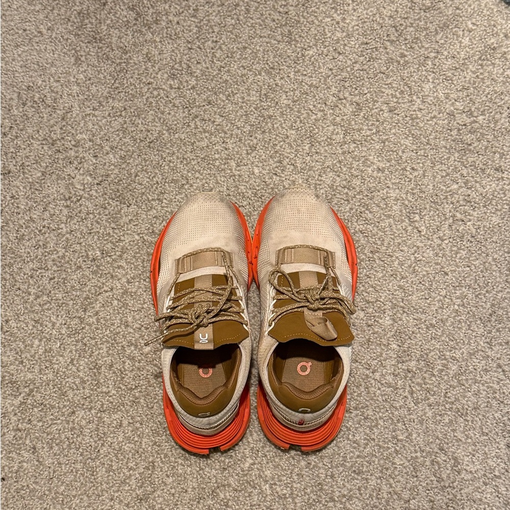 Beige and Red Athletic Shoes